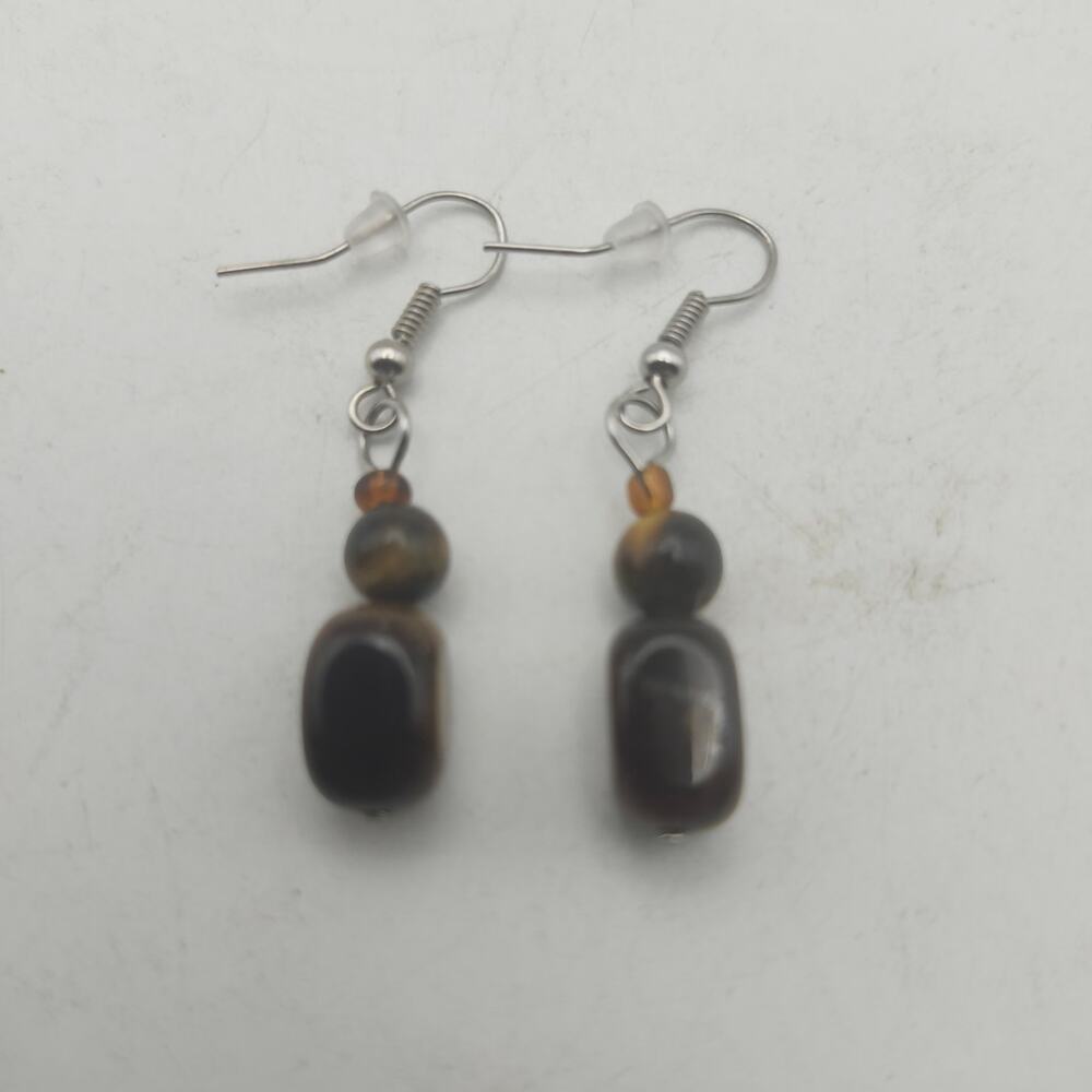 Tiger Eye Beaded Dangle Earrings Silver Tone Fish Hook Pierced Boho Drop Pair